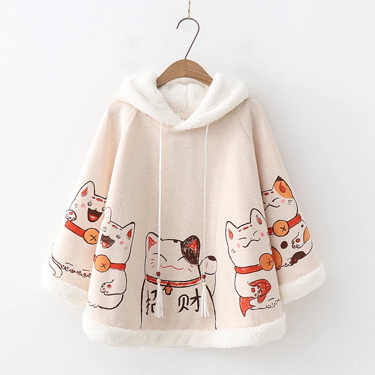 2023 Kawaii Cloak Harajuku Ears Hooded Outwear Japanese Lucky Cat Fleece Cape Batwing Sleeve Loose Pullover Tops Winter Clothes