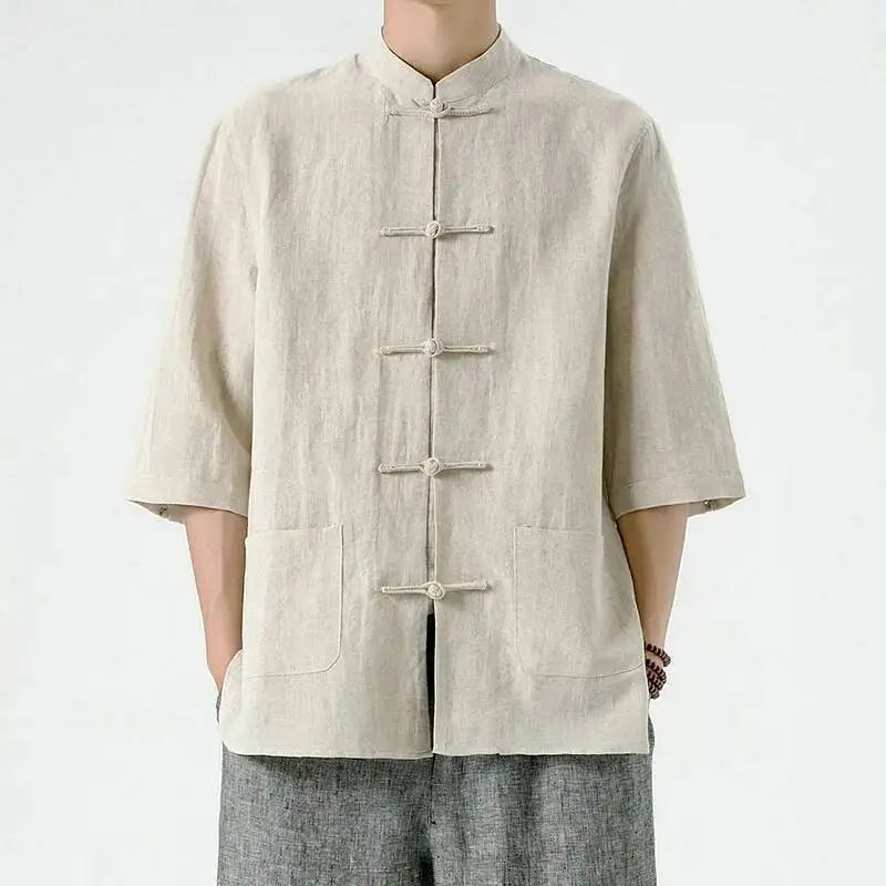 

Chinese Style Men's Summer Cotton and Linen Shirt Retro Stand Collar Half Sleeve Top Chinese Kong fu Suit Men Hanfu Men CN-193