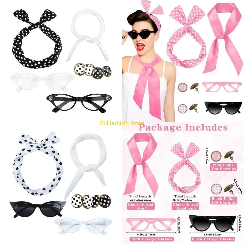 

Y5GC 8 шт. 50 s комплект аксессуаров для костюма 1950 s наряды косплей костюмы на Хэллоуин шарф кошачий глаз очки бандана на