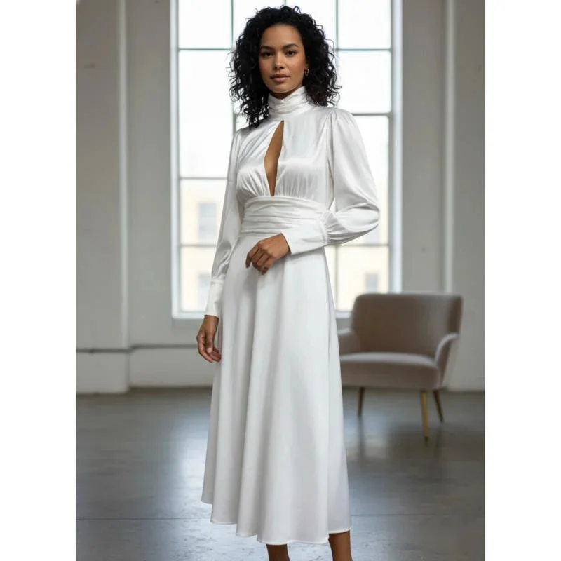 

Women's Elegant Satin Evening Dress Deep V Neck Long Sleeve High Waist Flowing Maxi Gown For Party Banquet Wedding Holiday Style
