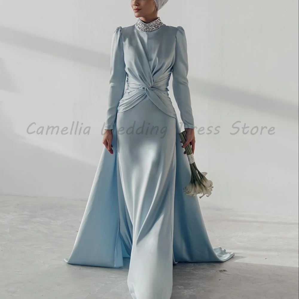 

Light Blue High Neck Rhinestone Beaded Long Sleeve Twist Waist Matte Satin Modest Muslim Bridal Wedding Evening Gown With Train