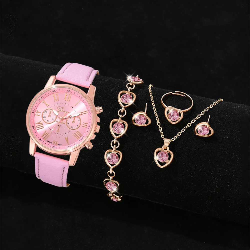 6PCS/Set Pink Women Watch Fashionable Roman Digital Dial Quartz Wristwatch PU Leather Strap Watch Jewelry Set Gift For Girls