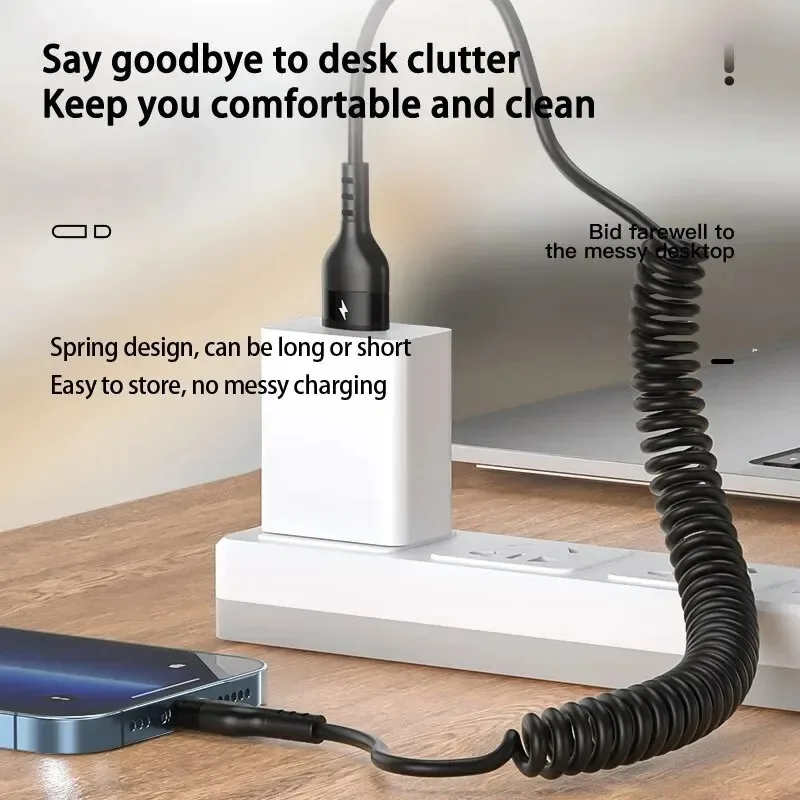 USB نوع C كابل 66 واط 5A شحن سريع الربيع تلسكوبي شاحن هاتف السيارة تاريخ الحبل لسامسونج Xiaomi Redmi هواوي USB C كابل