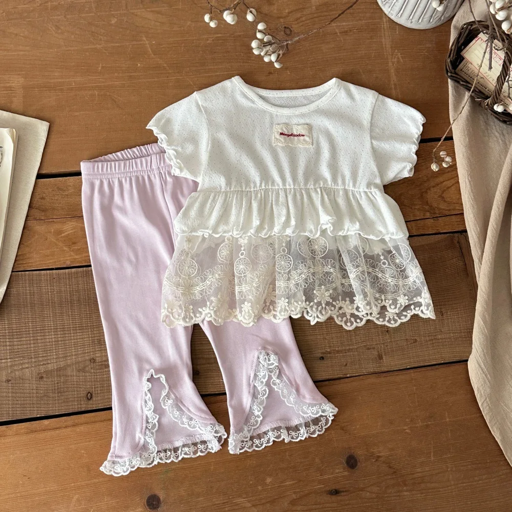

Summer Toddler Girls Cropped Pants 6-24M Baby Lace Trim Flared Pants Elastic Waist Casual Cotton Trousers Daily