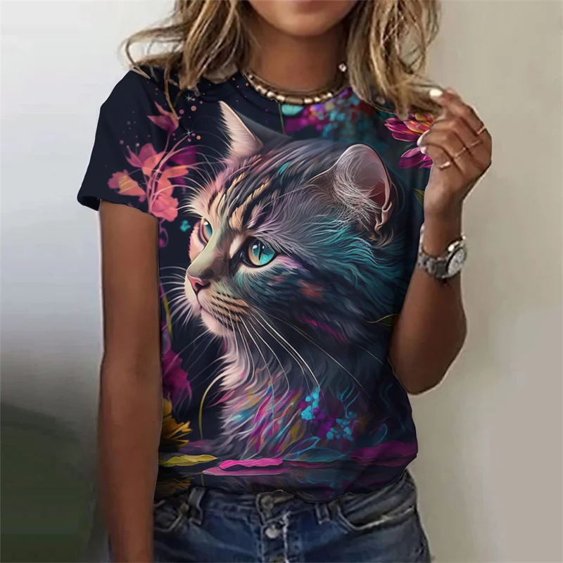 

Flower Cat Pattern T-Shirt Women Colorful Animal 3D Printed T Shirts Summer Casual Harajuku Loose Tops Short Sleeves O-Neck Tees
