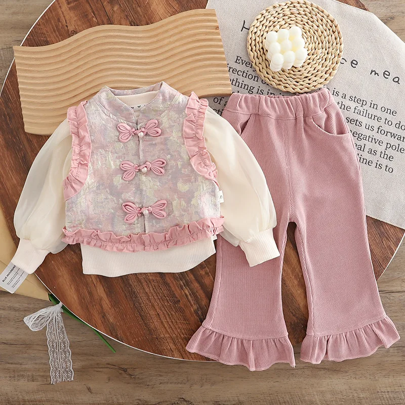 

New Spring Autumn Baby Girls Clothes Suit Children Vest Long Sleeved T-Shirt Pants 3Pcs/Sets Infant Clothing Kids Tracksuits