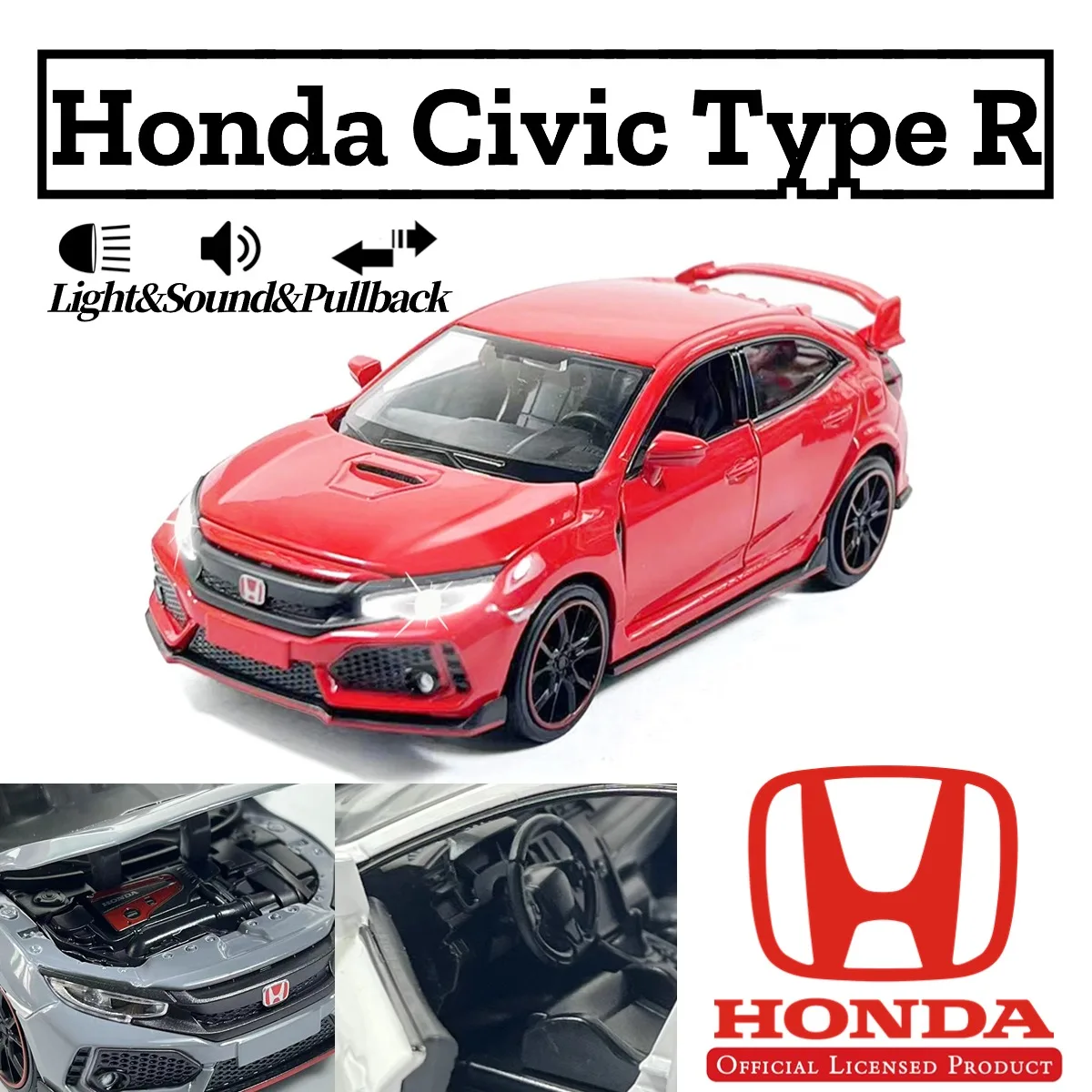 

1:32 Scale Honda Civic Type R Toy Car Model With Light and Sound Pullback Official Licensed Alloy Diecast Car Decoration Gift