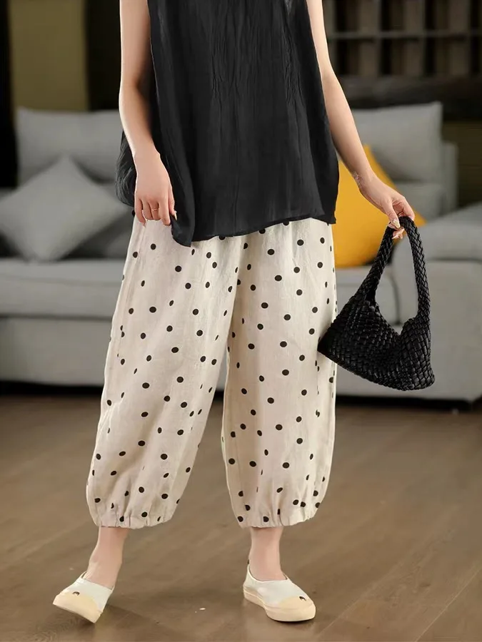 Retro-Farbe, gewebtes Punkt-Leinen-Laternenhose, Damen-Hose mit Gürtel, Siebenfuß-Hose, Sommer-Baumwoll-Leinen, gerades Bein, hohe Taille, weites Le...