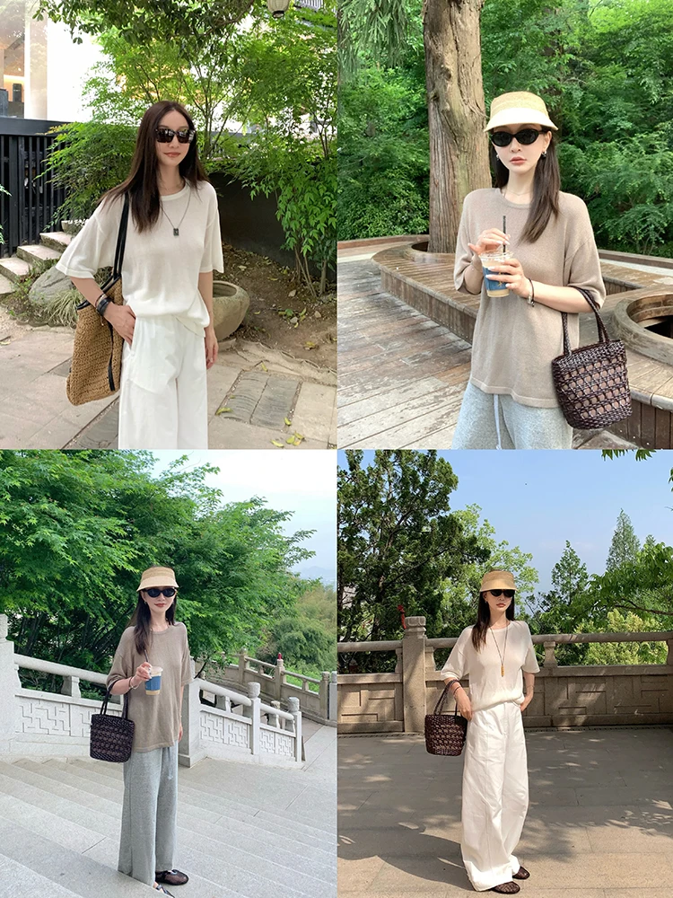 

Lazy Summer Lightweight Sun Protection irt Simple Sle Loose Fit ort Sve Paper Silk Top for Women Commute Faion