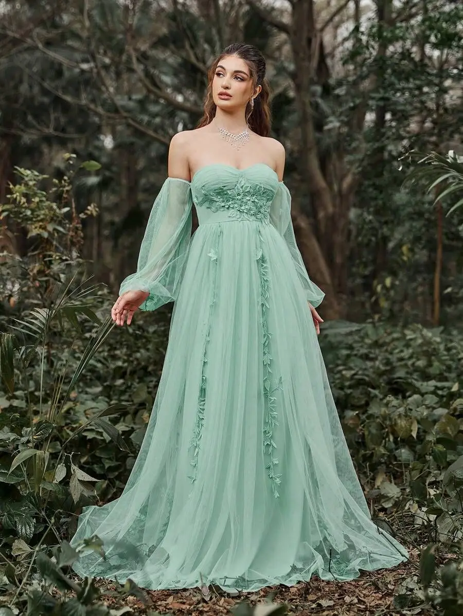 

Green Tulle Out Door Party Prom Dresses With Floral Appliques Sweetheart Off the Shoulder A-line Long Sleeves Graduation Dress