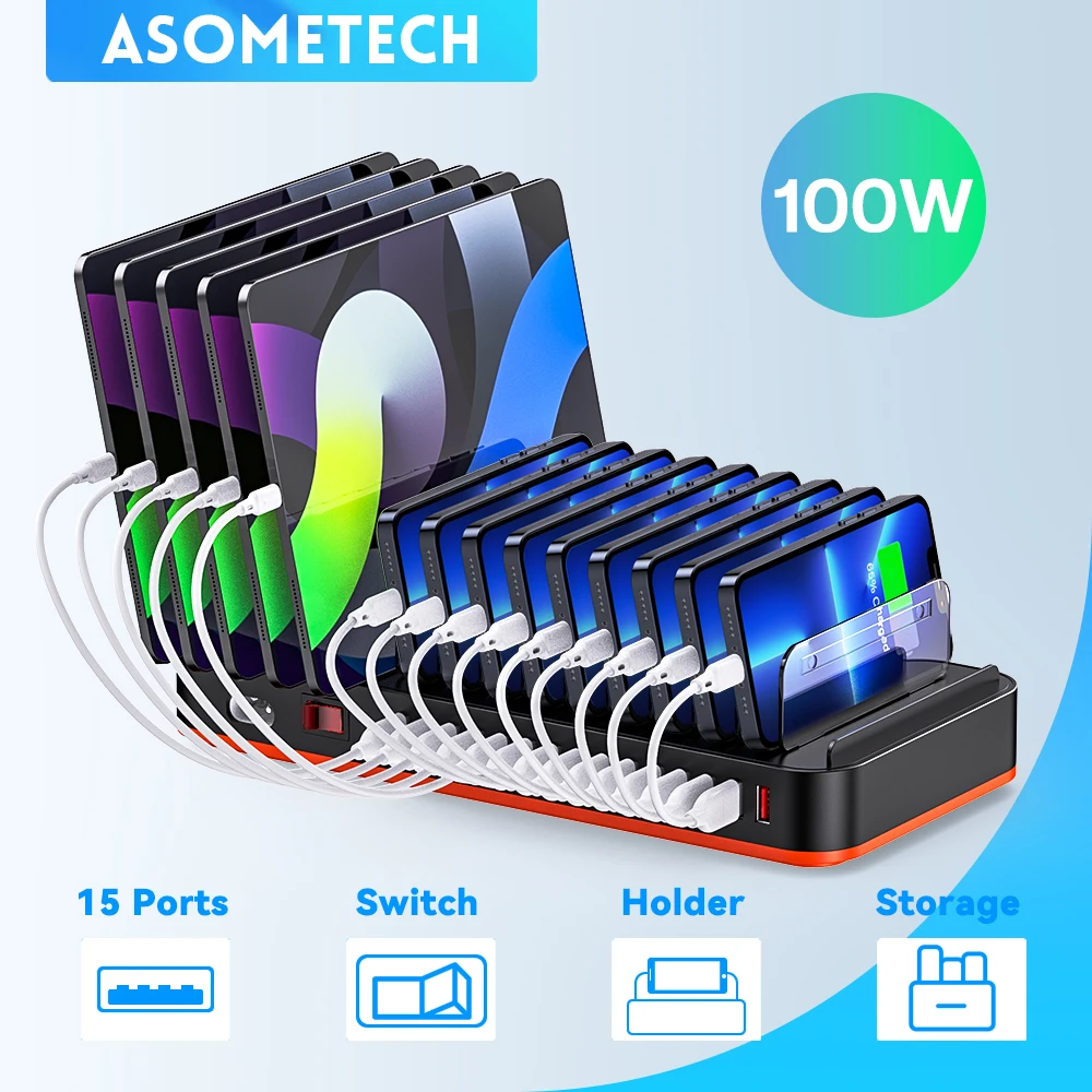 100W Universal Multi USB Fast Charger Charging Station 15 Ports Usb Quick Charge Phone Stand for Iphone 14 Samsung Xiaomi Tablet