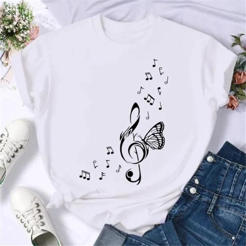 Maycaur Fashion Musical Note Printed Women T Shirt Harajuku Short Sleeve Funny T-Shirt Cute Cartoon Top Tees Female Clothes