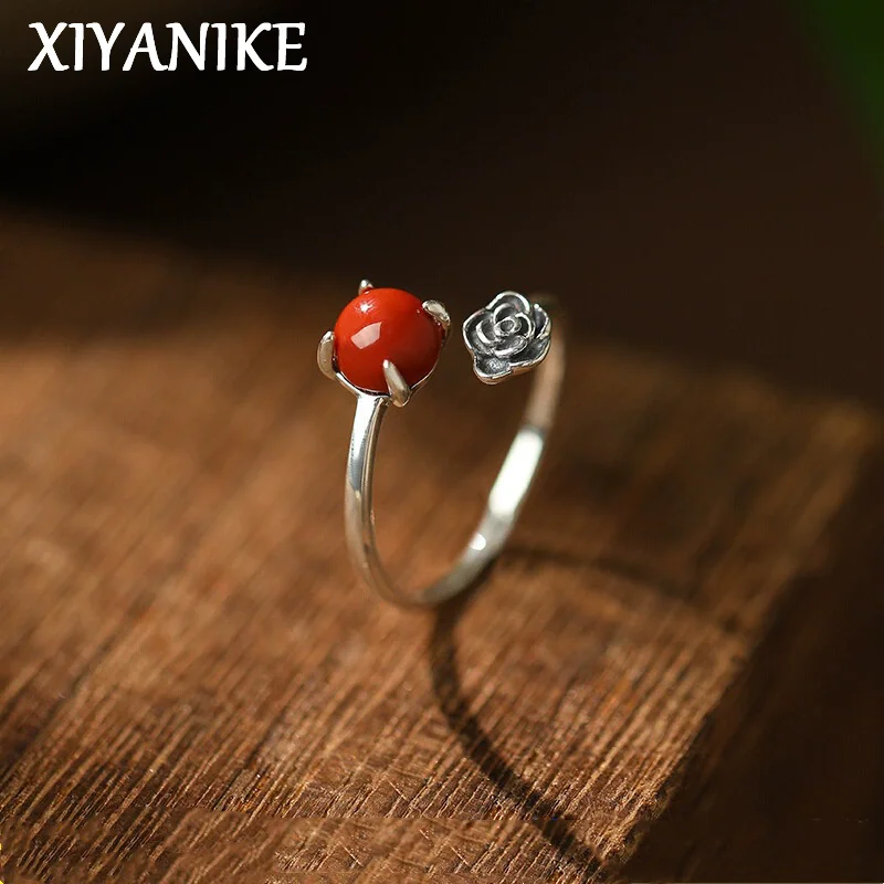 

XIYANIK Vintage Thai Silver Rose Flower Southern Red Adjustable Finger Rings For Women Fashion New Jewelry Gift Party anillos