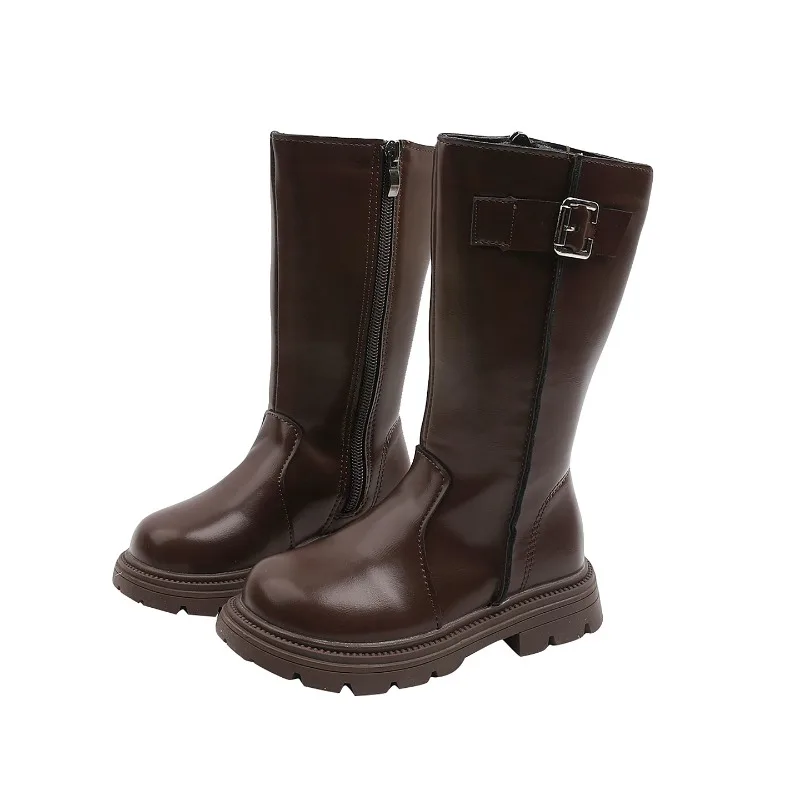Girls Mid-Calf Boots Autumn Winter Retro PU Leather Children Platform Boots Round Toe Non-Slip Kids Outdoor Boots Black Brown