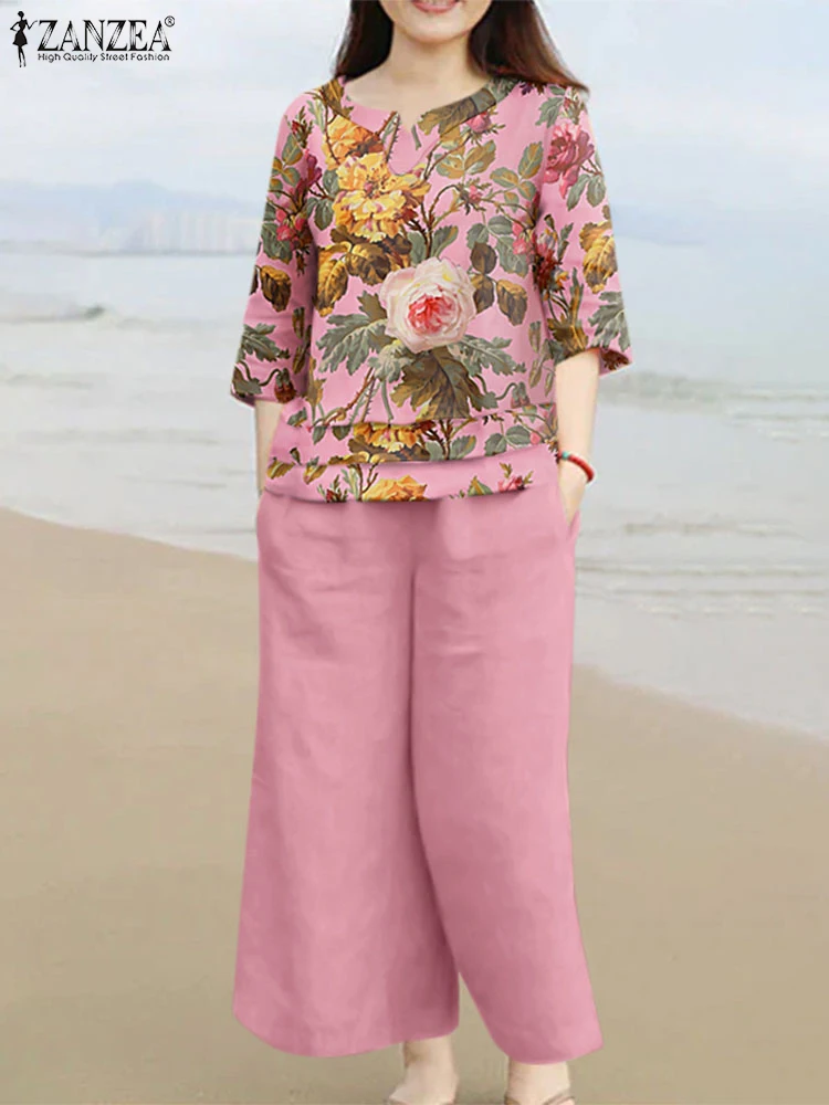 ZANZEA Floral Print Blouses Pant Sets Fall 2024 Top and Pant 2pcs Outfit Casual Holiday Solid Wide Leg Trouser Suits 2 Piece Set