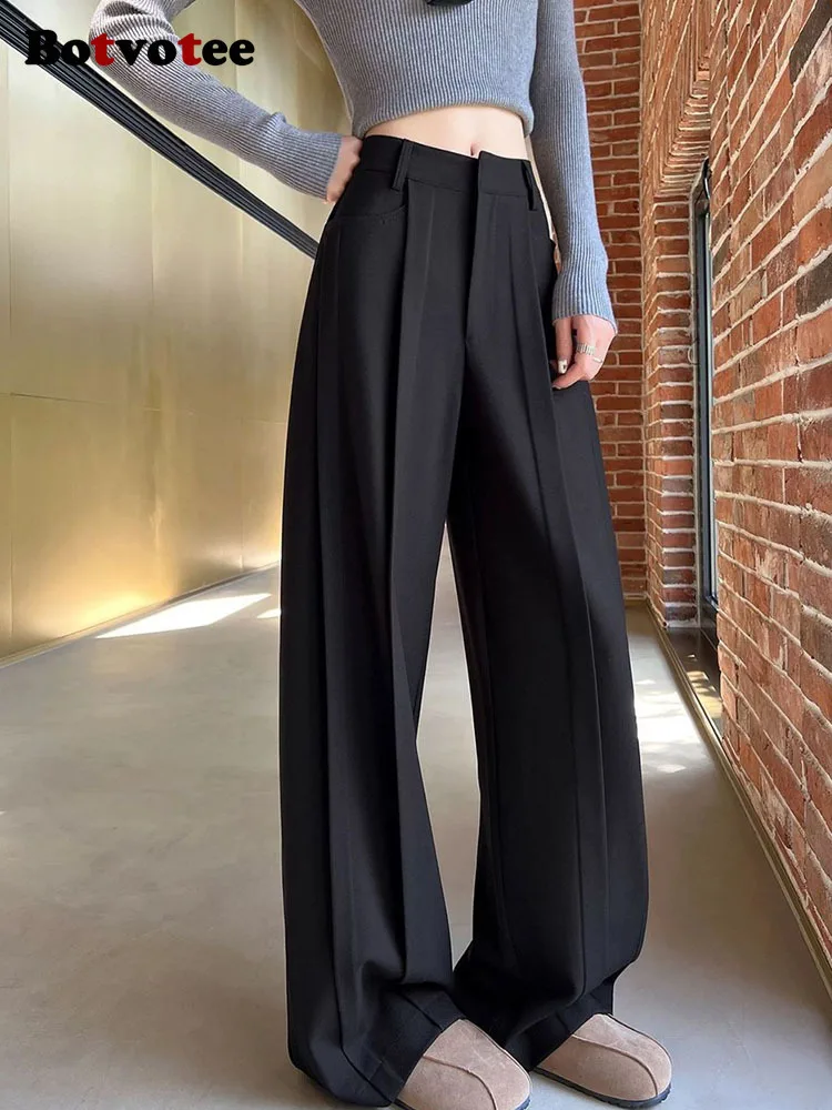 กางเกงสแล็คผู้หญิงทรงตรงเอวสูงสีดำ แบรนด์ Botvotee รุ่น Office Elegant  แฟชั่นกางเกงขายาวทรงกว้าง มีกระเป๋า