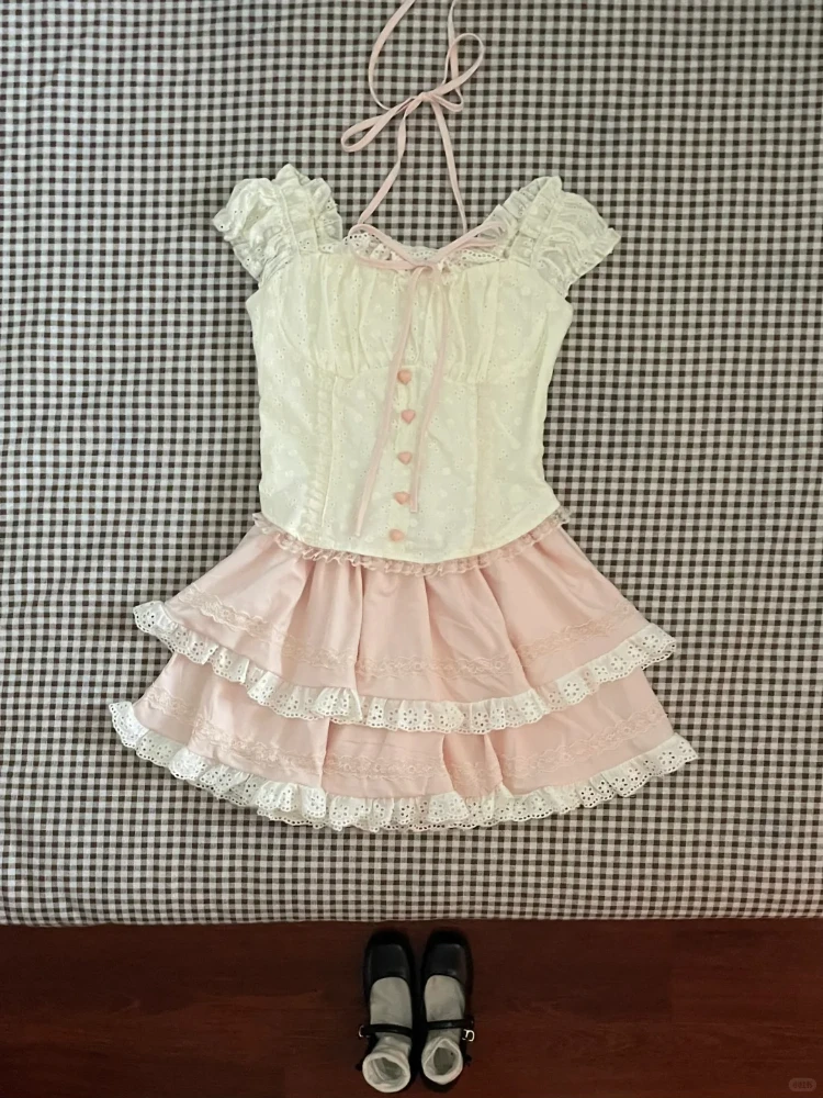 

Японский сладкий кавайный элегантный комплект из 2 предметов, женские топы в стиле Лолиты Y2k + шикарная юбка с высокой талией, женская одежда принцессы в стиле ретро