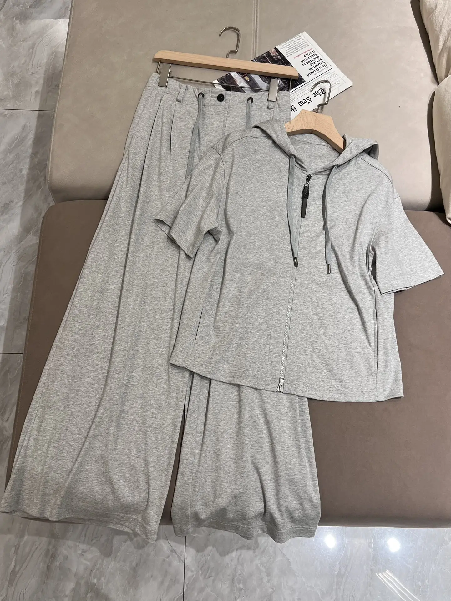 Pantalone da donna in cotone con cappuccio manica corta Top + vita alta gamba dritta pantaloni gamba larga pantaloni con coulisse Set 2 pezzi