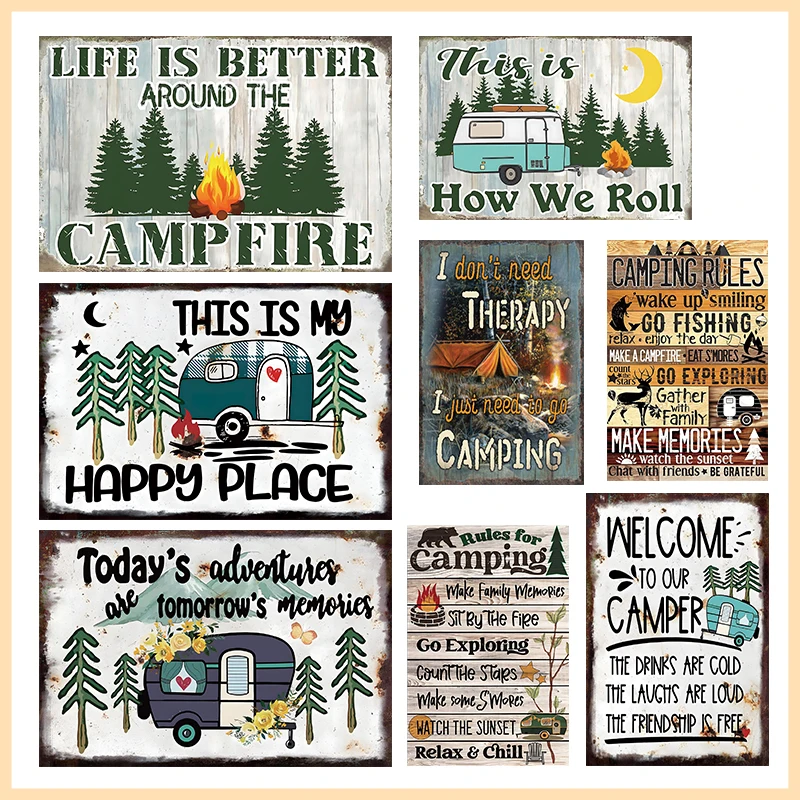 Vintage Camping Quote Metal Tin Sign This Is My Happy Place Retro Wall Art Decor for Camper Cabin Bar Man Cave Plaque Poster