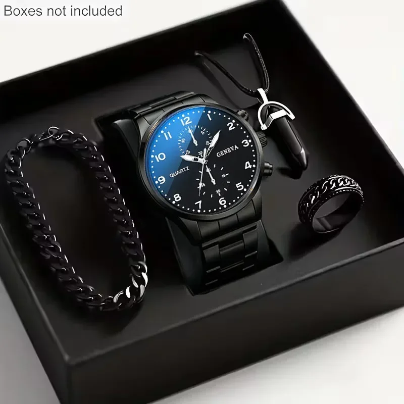 Fashion Men 4Pcs Watch Jewelry Set Blue Gradient Dial Wristwatch Male Birthday Gift Boxes Not Included