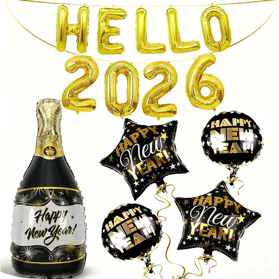 Hello 2026 Balloons Gold Banner Set With Giant New Year Bottle Balloons, Happy New Year Aluminum Foil Balloons Props Decoration