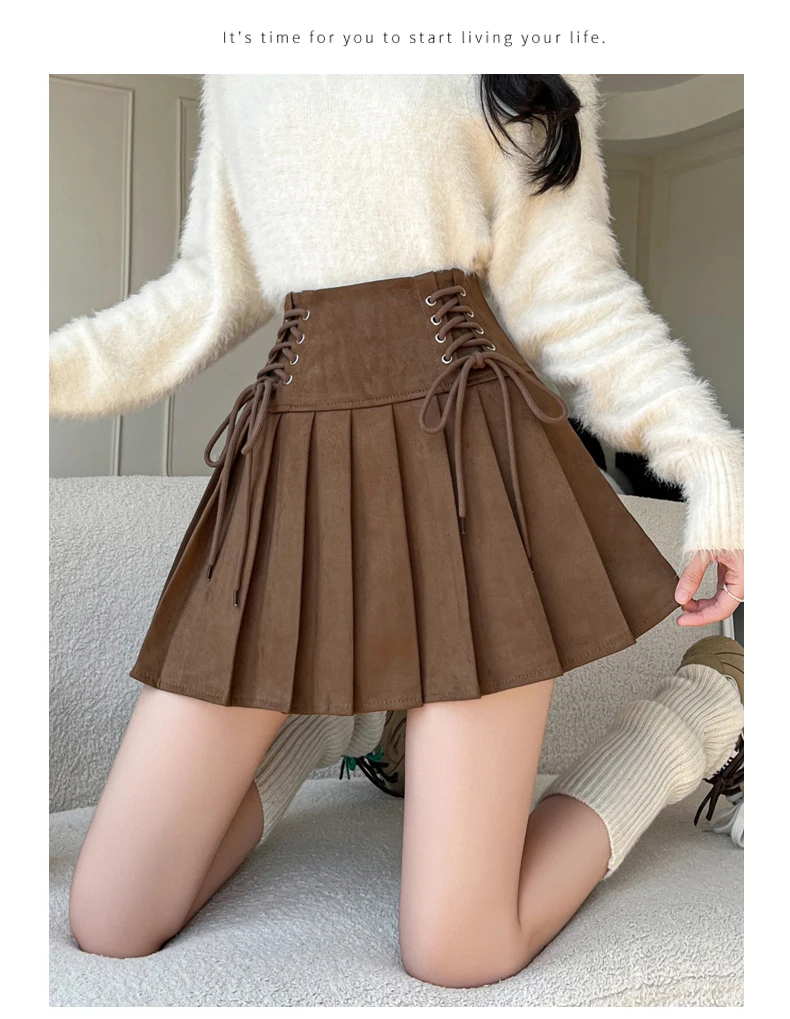 Women's 2025 New Collection Suede A-Line Skirts High Waisted Pleated Mini Flared Skirt for Autumn Winter, Casual Short Skirt