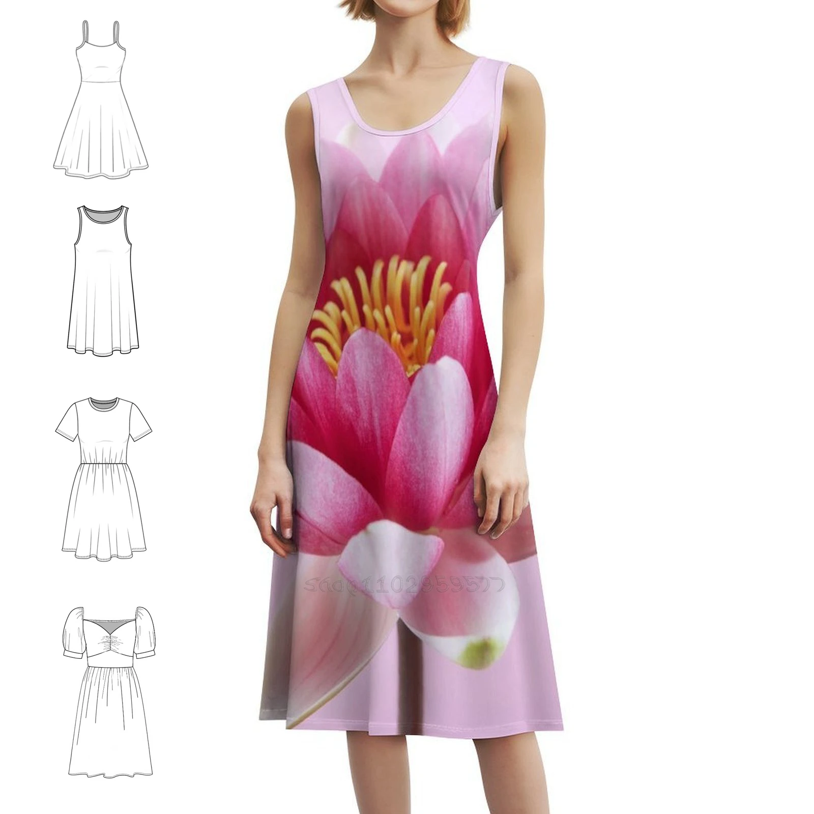 

Pink Water Lily Pad Art Print Vintage Bohemian Dress Puff Sleeve Or Sleeveless Options For Women Dress Lily Nature Female