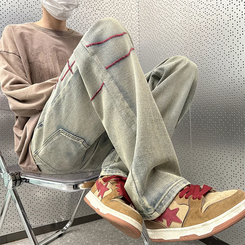 

Мужские джинсы свободного кроя в стиле ретро, прямые, с вышивкой, в пол, повседневные брюки, в американском стиле, молодежная мода, весенний сезон