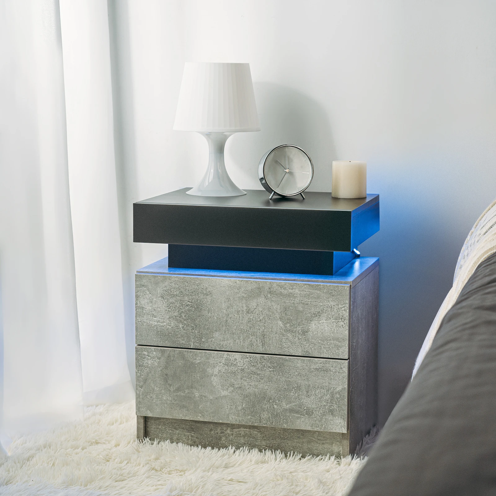 Smart Nightstand with LED Lights 2 Drawers Modern Minimalism Bedroom Bedside Table Sideboard with USB Charging Cabinet Storage