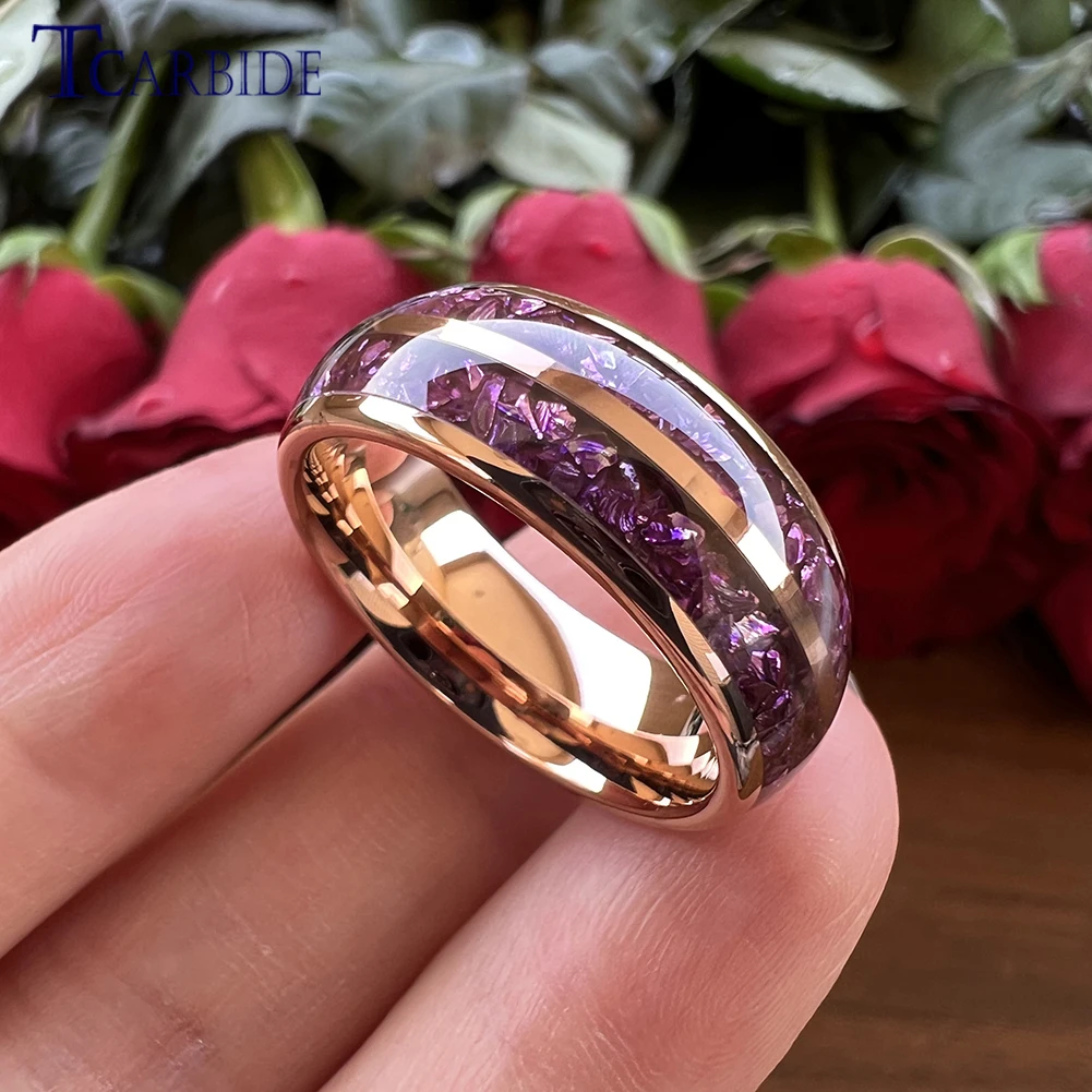 Dropshipping 6mm 8mm Purple Crystal Stone Inlay Tungsten Wedding Band For Men Women Fashion Jewelry Domed Polished Comfort Fit