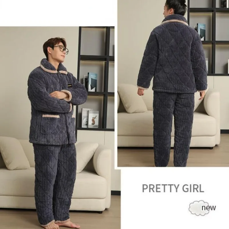 2024 New Couples' Winter Sleepwear Triple Thickened Plush Homewear Men's Women's Cardigans Pajamas Warm Flannel Loungewear Sets