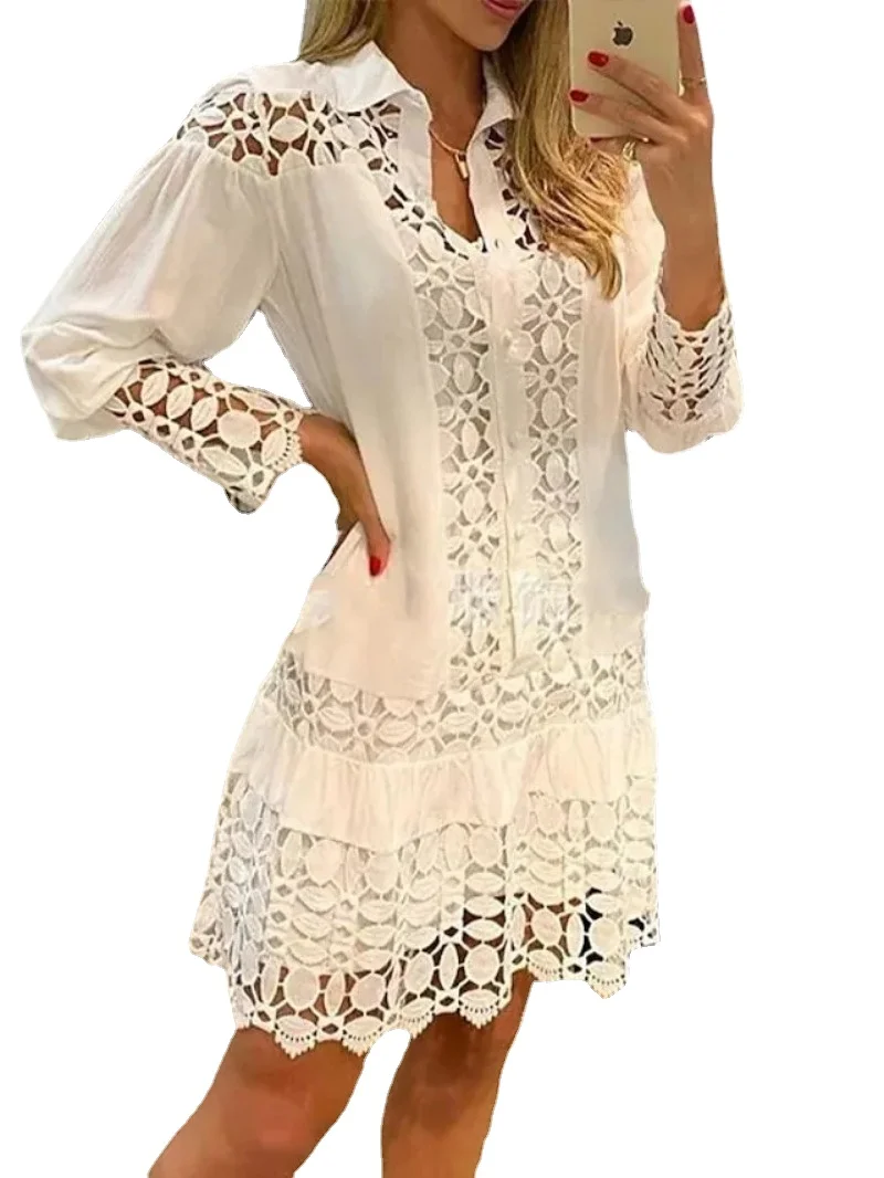 Robe en dentelle à manches longues pour femmes, chemise découpée, épissage de documents solides, élégante et vintage, nouvelle mode, printemps et été