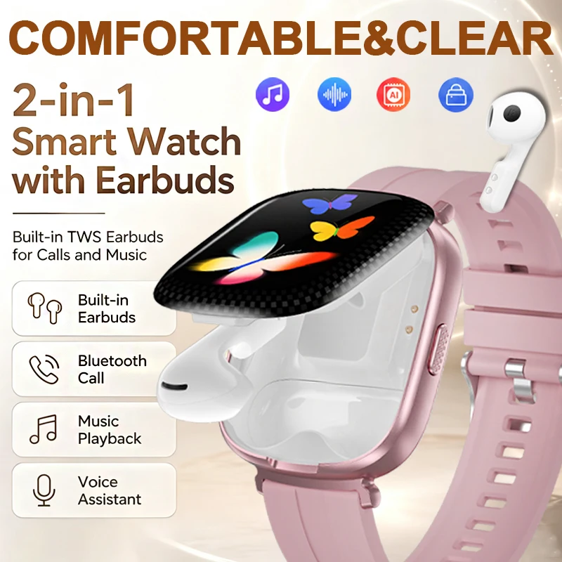 2‑IN‑1 Smart Watch with Built‑in Earphones Wireless Call Music Play AI Assistant Translation Sports Healthing Monitoring Watch