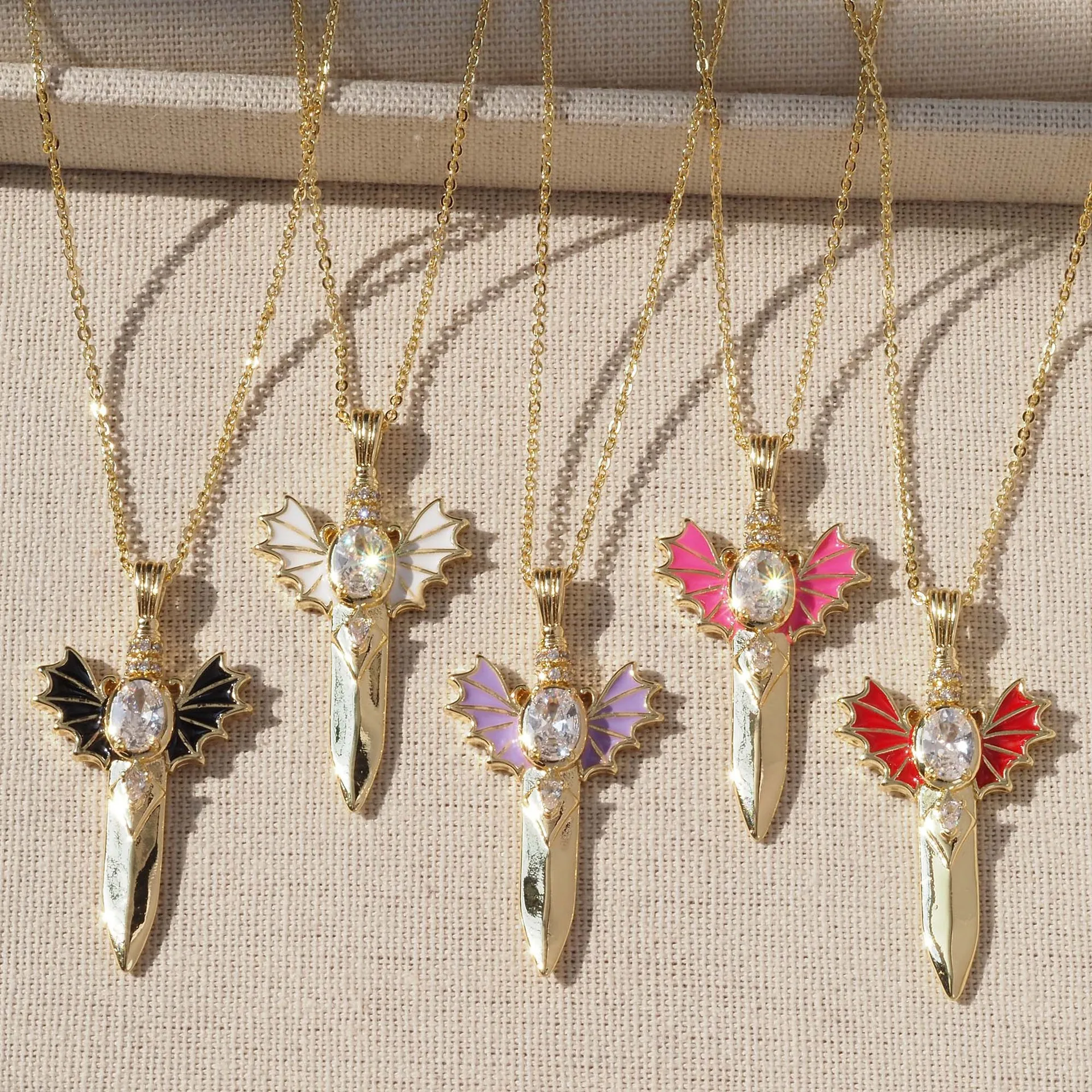 5Pcs/Hot selling Angel Wing Sword Pendant Copper Gold Plated Colorful Drip Oil Simple Fashion Clavicle Chain