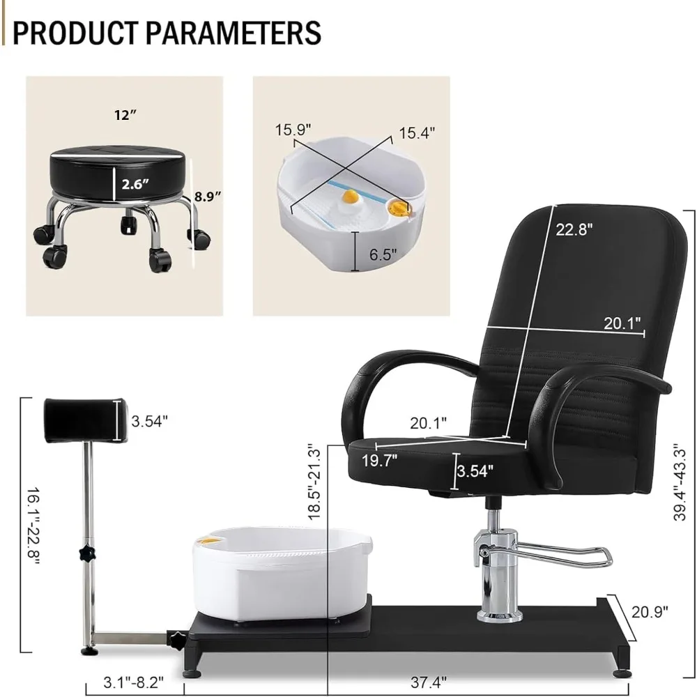 Pedicure Chair for Nail Teach, No Plumbing 360 Swivel Pedicure Station with Stool and Massage Basin, Professional Pedicure Unit