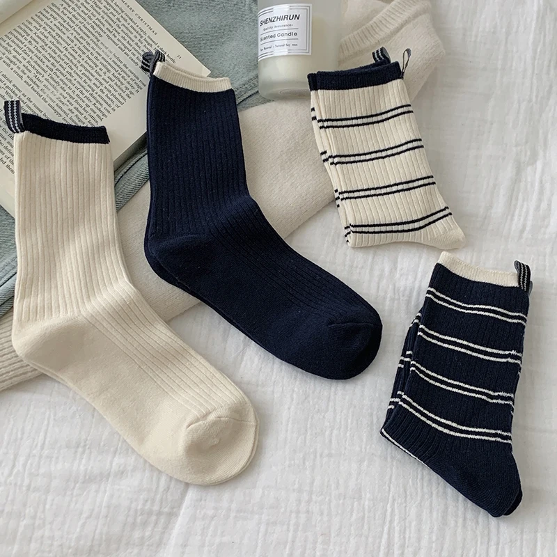 Women's Socks New Fashion Mixed-color Casual Simple Korean Style Striped Socks Female Breathable Cotton Girls School Crew Socks