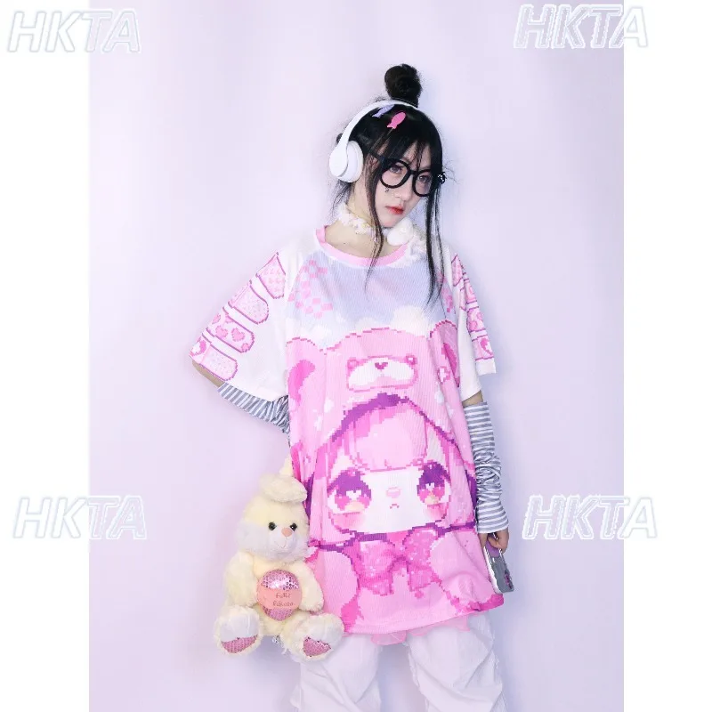 Japanese Ancient Y2k Millennial Loose Short Sleeved T Shirt Subculture Cute Cartoon Two Dimensional Print Long Tshirt Top Women