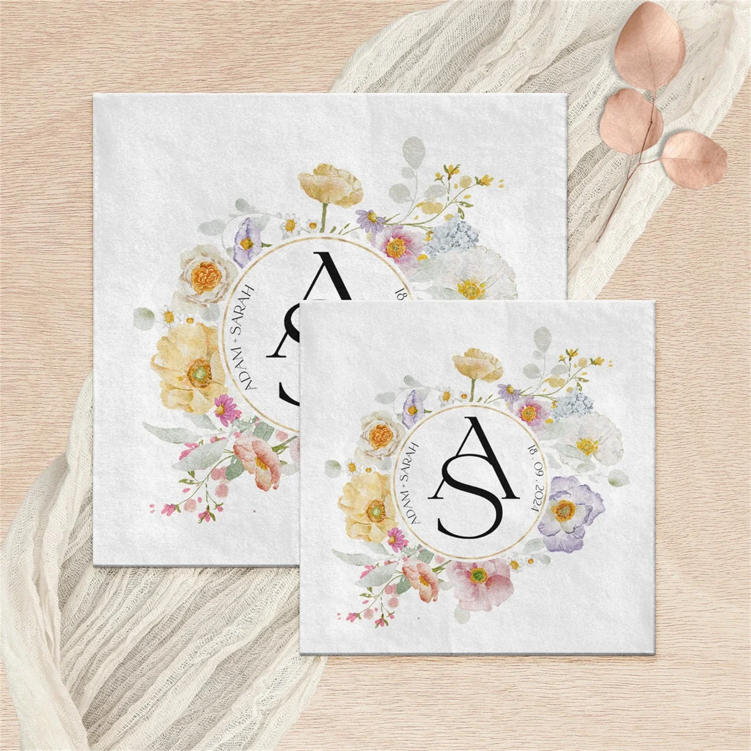 50pcs Summer Floral Custom Wedding Monogram Cocktail Napkins | Luxury Paper Napkins for Engagement Party, Rehearsal Dinner, Wedd