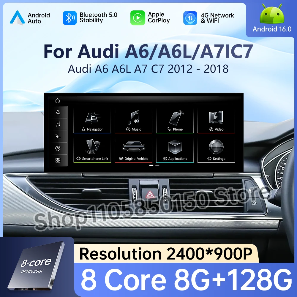 Android 16 Car Radio RHD for Audi A6 A6L A7 C7 2012 - 2018 GPS Navigation Wireless CarPlay Ultra Thin Screen 4G Video Player