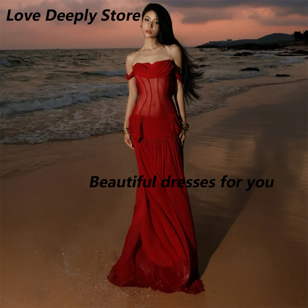 Customized Red Mesh Mother Of The Bride Gown Off Shoulder Sheer Mermaid Long Evening Dress Backless Beach Party Maxi Dress