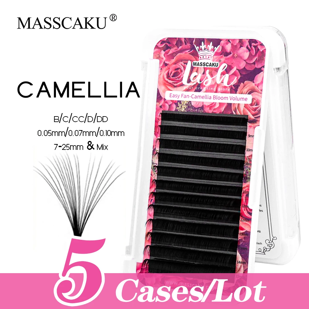 MASSCAKU 5 cases/lot 0.05/0.07/0.10mm Easy Fanning Lashes Extensions Professional Handmade Matte Black Fast Blooming Eyelashes