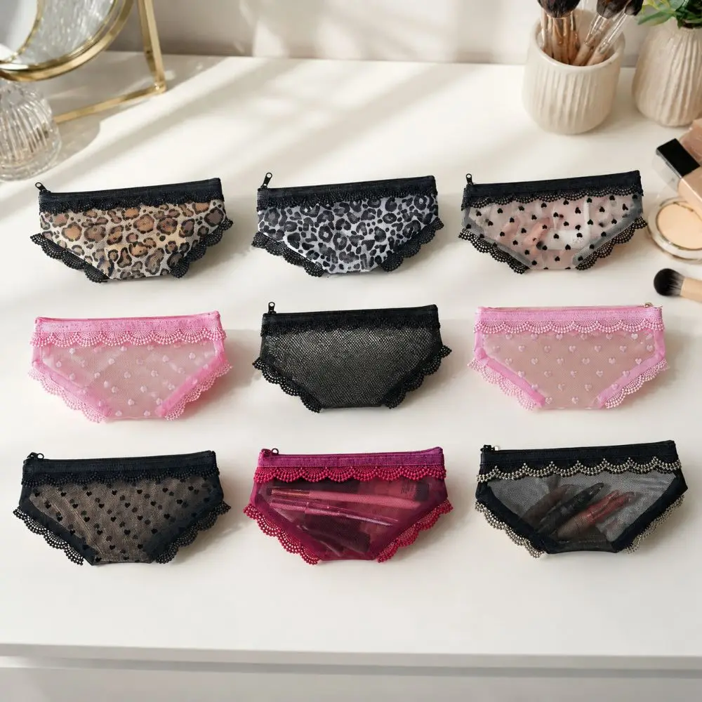 New Briefs Shape Cosmetic Bag Mesh Transparent Makeup Storage Pouch Lace Heart Y2K Toiletry Bag Storage for Travel