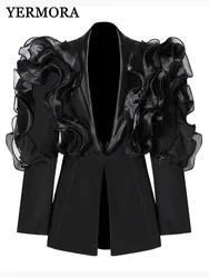 YERMORA Spliced Mesh Ruffles Casual Blazer For Women Lapel Long Sleeve Fashion Tide Loose Fit Jacket Spring Autumn 2025 New A165