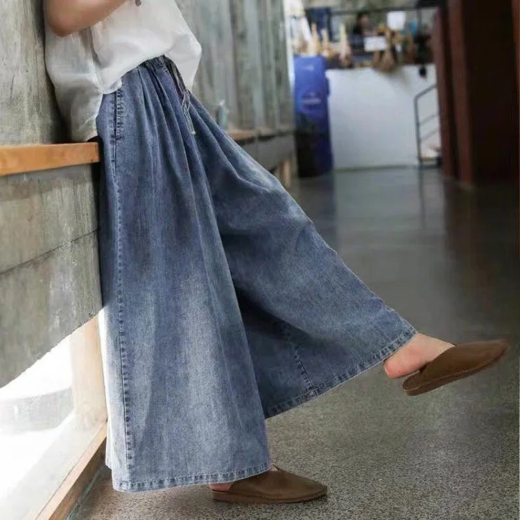Vintage Washed Distressed Women Jeans Elastic Waist Lace-up Literary Loose Casual Pants Fashion Versatile Simple Female Trousers