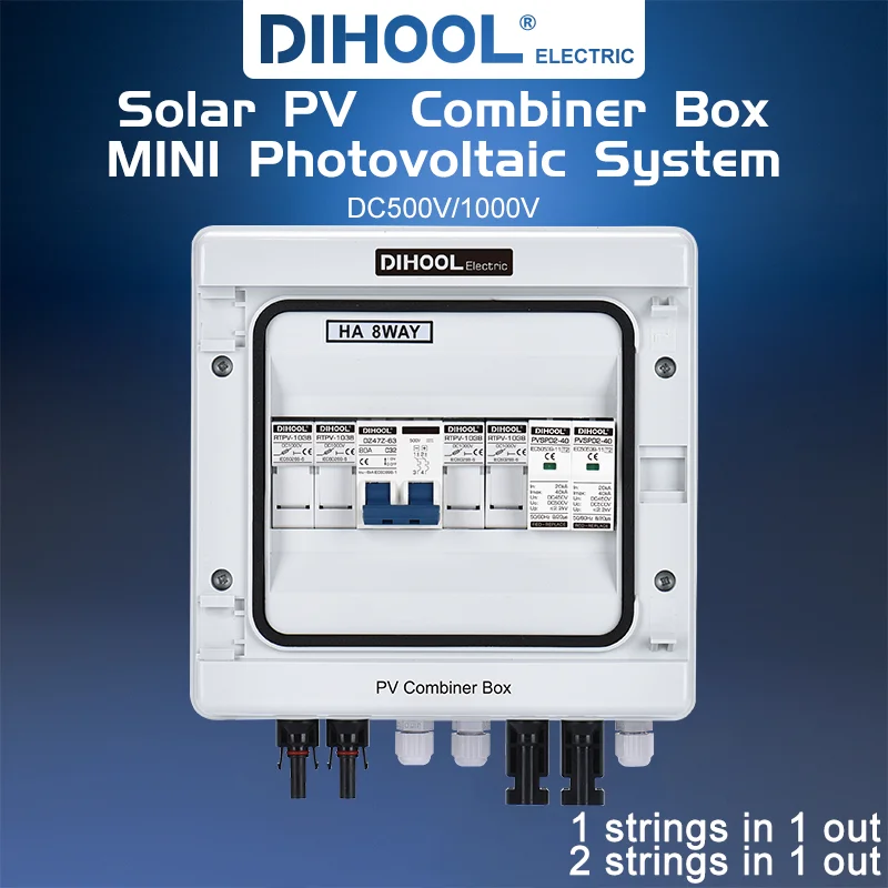 Solar PV combiner box 1 strings 2 trings with off grid solar energy  DC circuit breaker DC surge protector device IP65 DC FUSE