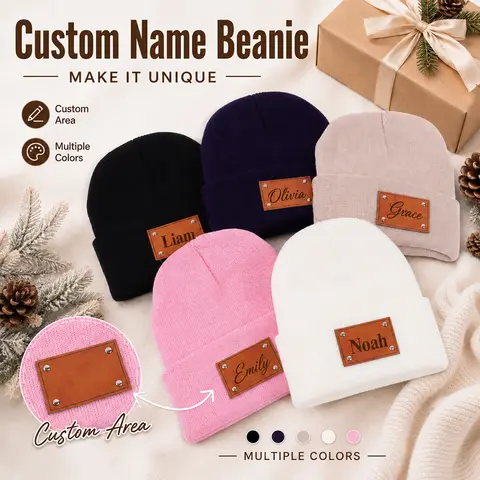 Custom Name Beanie Leather Patch Customized Text Winter Knit Cap Cuffed Laser Engraved Warm Gift Personalized Name Knit Hat