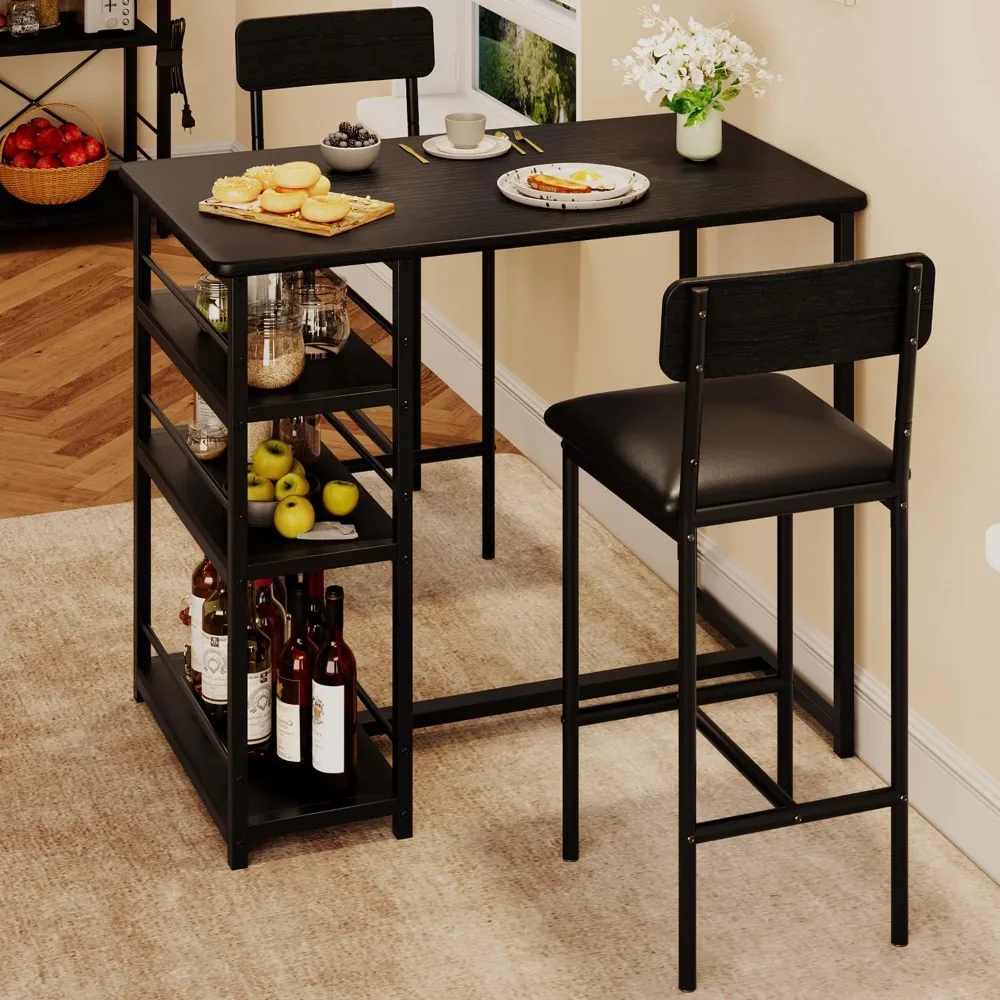 

Rustic Brown 3-Piece Counter Height Bar Kitchen Table Set with 3 Storage Shelves for Small Spaces, Apartment, Dining Tabl