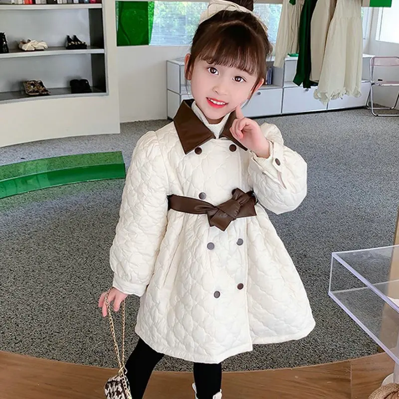 Girls' Cotton-padded Clothes PU Leather Splicing Padded Cotton Thickened Outerwear Light Jacket 2024 Autumn Winter New Children