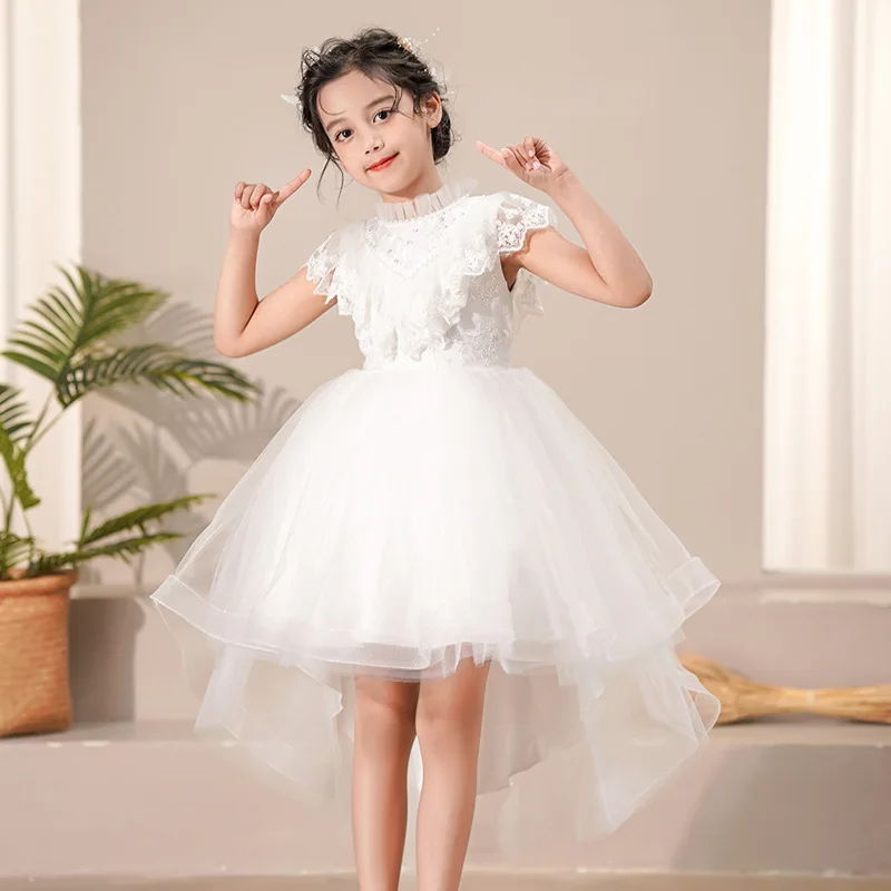 Child Embroidered Leaf Kid Dress Elegant Evening Dress Sleeveless Short Mesh Party Performance Dresses 3 4 5 6 7 8 9 10 11 12yrs