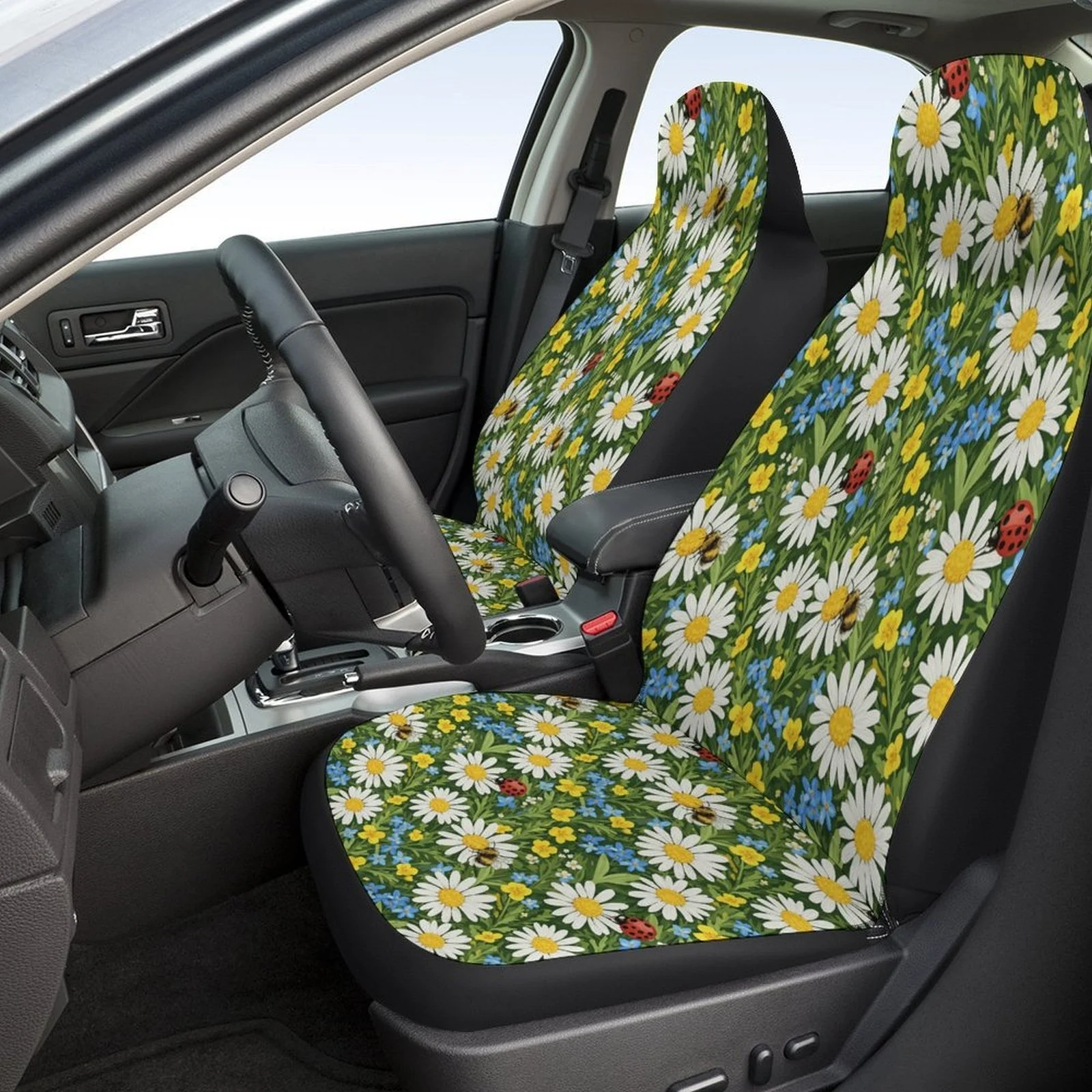 Set Of Car Covers Featuring A Daisy Field Design, Suitable For Various Vehicles. These Trendy And Breathable Covers Serve As Dec